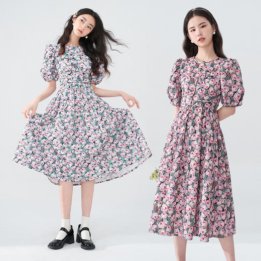 西遇碎花连衣裙春夏新款印花A字长裙泡泡袖茶歇裙10520350 商品图1