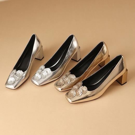 【预售5天】粗跟银色方头花朵，气质高跟单鞋QQJFG&JZ-1181F 商品图4