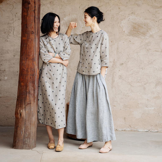 绽放旅行女装427朵新中式衬衫色织亚麻波点国风斜襟盘口小衫 商品图2