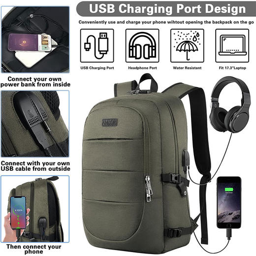 英国 AMBOR 大容量双肩包旅行背包 17.3英寸商务笔记本电脑包 带USB接口 商品图4