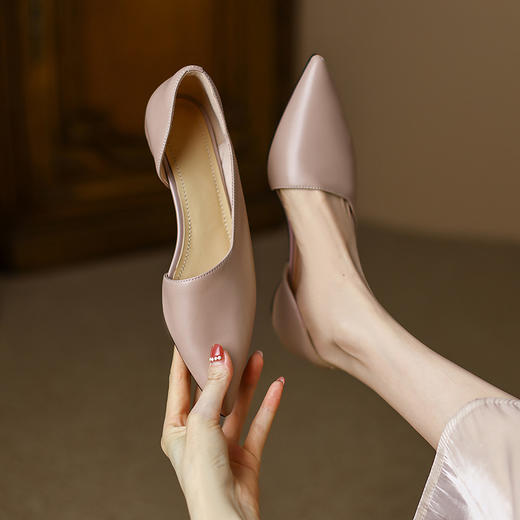 OLD3020白色高跟鞋女夏5cm法式细跟浅色真皮通勤女鞋侧空浅口尖头单鞋 商品图0