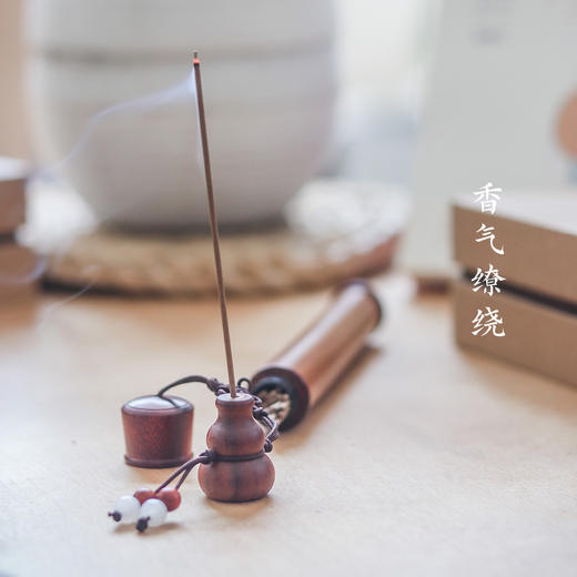 *自营*药师香檀木小葫芦荷花雕刻一体香插黄铜芯线香天然配料楠竹香筒一罐 商品图4