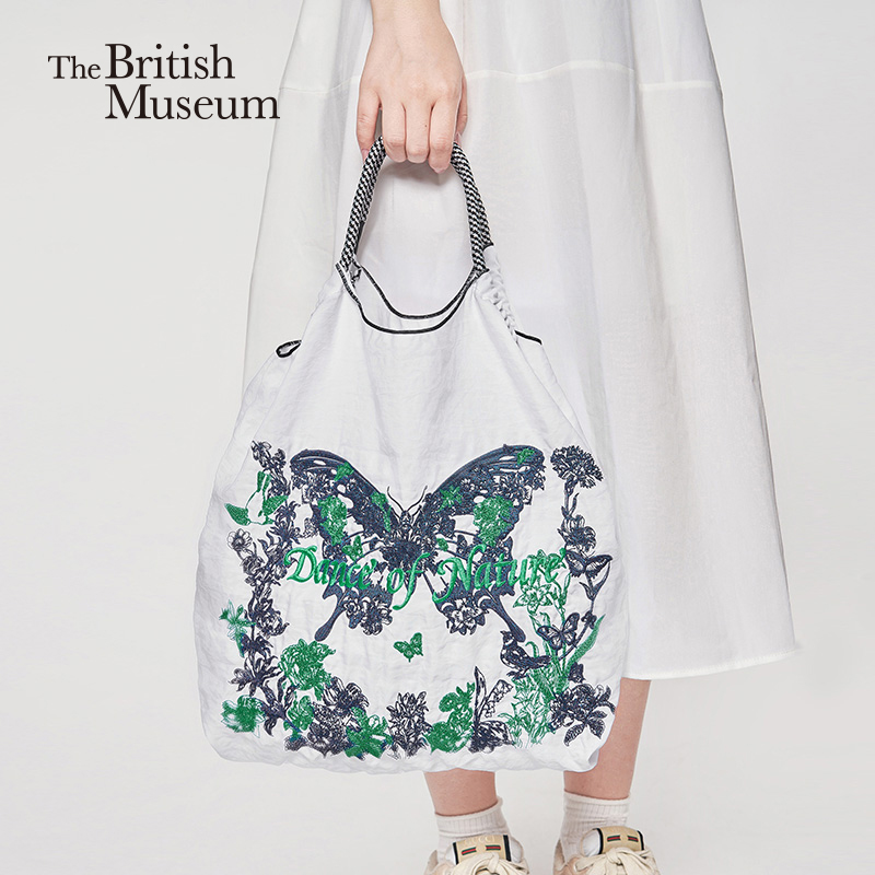大英博物馆 博物志系列 蝴蝶 刺绣 收纳 购物袋 便携 单肩包 大容量 多用途 紫色 白色