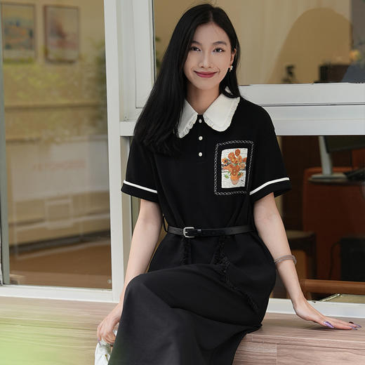 两三事梵高文艺 梵花遗梦 2024夏季新款印花布拼接撞色翻领连衣裙 商品图2