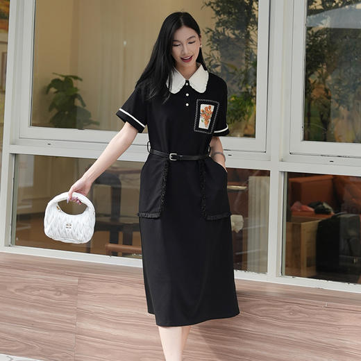 两三事梵高文艺 梵花遗梦 2024夏季新款印花布拼接撞色翻领连衣裙 商品图3