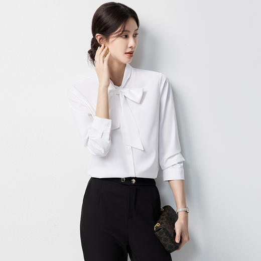 【蝴蝶结系带领】罗蒙女士长袖衬衫舒适微弹优雅气质时尚有型衬衣女 商品图5
