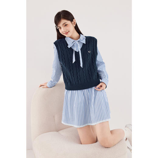 【严选】诗凡黎蝴蝶系带条纹衬衫连衣裙2024秋新款小个子漂亮好看洋气裙子SF7191761 商品图2