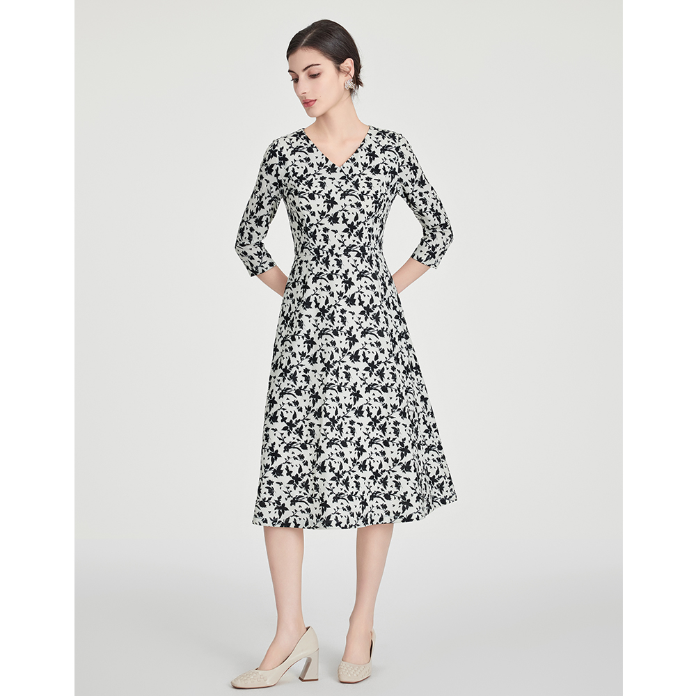 司歌v领七分袖连衣裙春秋端庄知性A891217X