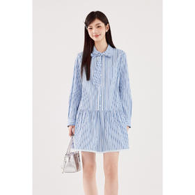 【严选】诗凡黎蝴蝶系带条纹衬衫连衣裙2024秋新款小个子漂亮好看洋气裙子SF7191761