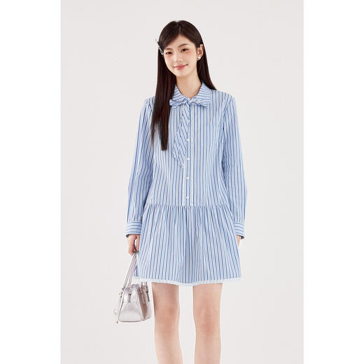 【严选】诗凡黎蝴蝶系带条纹衬衫连衣裙2024秋新款小个子漂亮好看洋气裙子SF7191761 商品图0