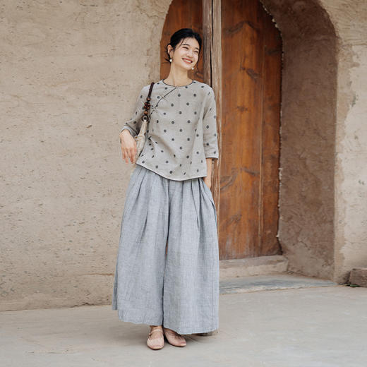 绽放旅行女装427朵新中式衬衫色织亚麻波点国风斜襟盘口小衫 商品图3
