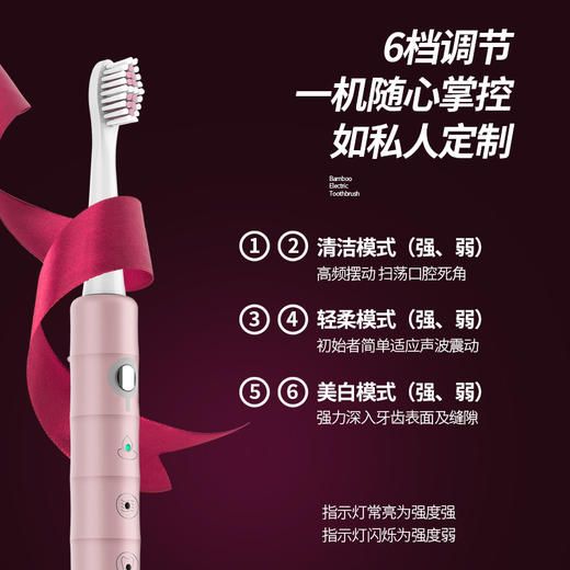 【德国铂瑞，竹节设计，送4刷头】电动牙刷，全身防水，6档调节，不伤牙龈，家用情侣成人款声波电动牙刷-QQ 商品图3