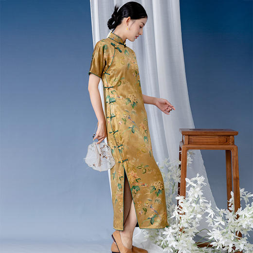 2024中式香云纱桑蚕丝印花长款修身旗袍连衣裙B241246-T 商品图2