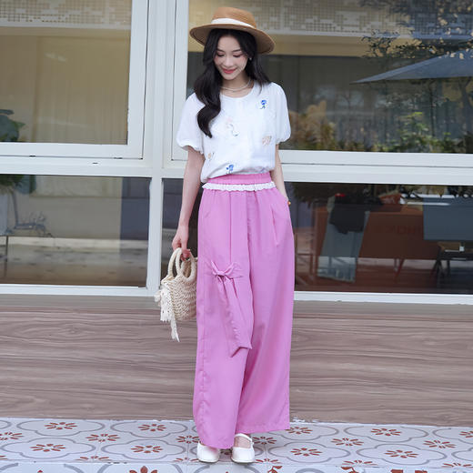 两三事风吟蝶舞2024夏季新款甜美立体蝴蝶结蕾丝拼接阔腿休闲裤女 商品图3