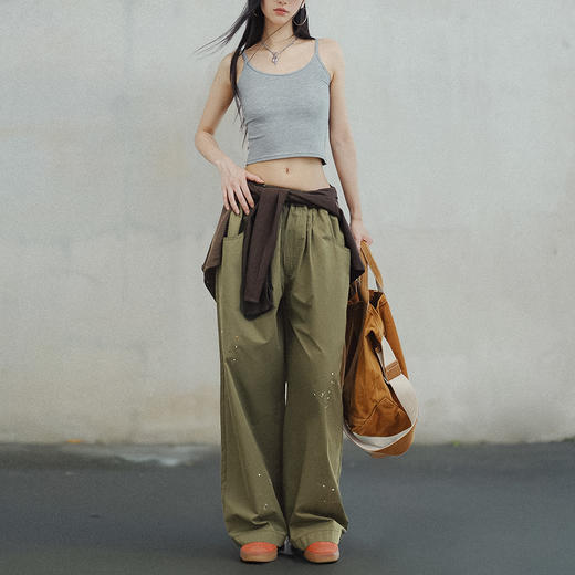 马登女装植物系穿搭复古个性泼墨阔腿裤夏纯棉直筒松紧腰休闲工装长裤 商品图4