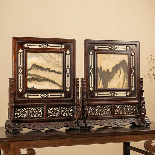 清 红木镶云石透雕绳纹案屏（一对） 商品图4