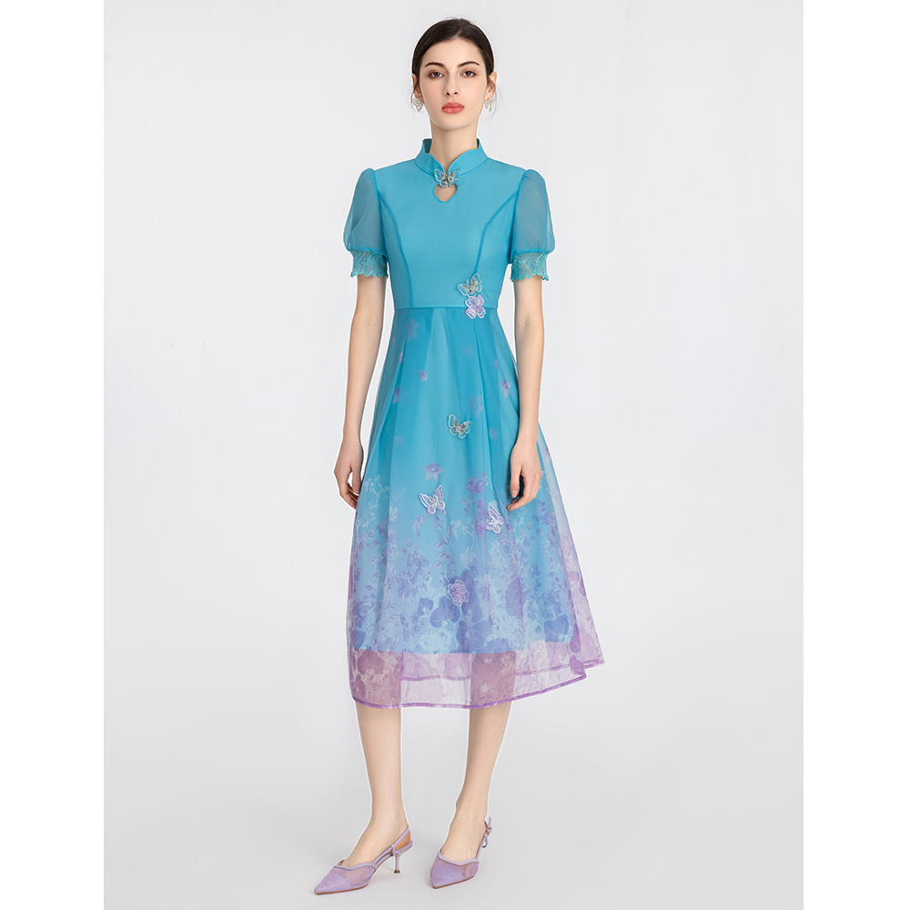 司歌连衣裙丝质弹力印花渐变国风改良旗袍短袖A891159X