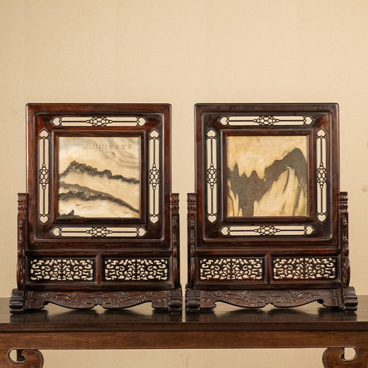 清 红木镶云石透雕绳纹案屏（一对） 商品图0