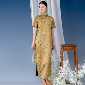 2024中式香云纱桑蚕丝印花长款修身旗袍连衣裙B241246-T