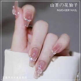 美甲穿戴甲纯欲风高级山茶花指甲贴片中长梯形显白美甲片钻款成品