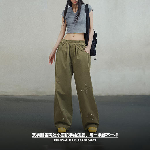 马登女装植物系穿搭复古个性泼墨阔腿裤夏纯棉直筒松紧腰休闲工装长裤 商品图3