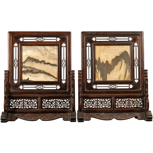 清 红木镶云石透雕绳纹案屏（一对） 商品图5