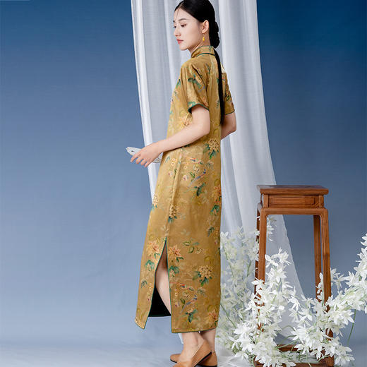 2024中式香云纱桑蚕丝印花长款修身旗袍连衣裙B241246-T 商品图3