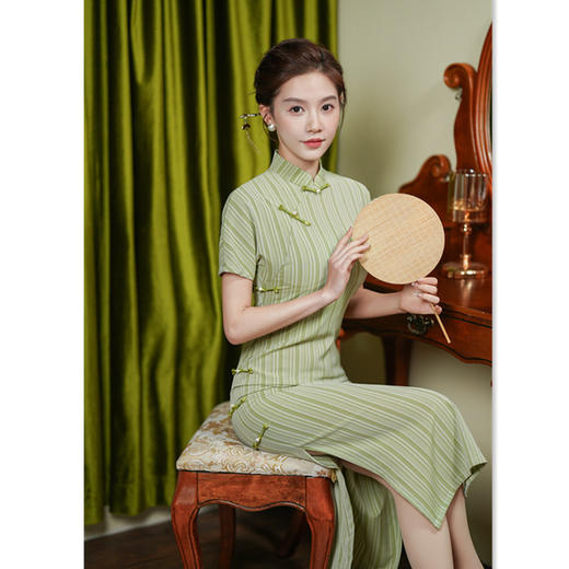 棉麻格子长款短袖，复古国风旗袍裙SYK-20917 商品图3