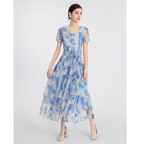 司歌刺绣印花连衣裙收腰短袖长裙A891191X