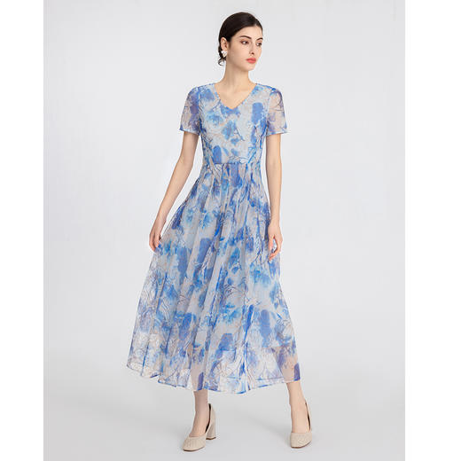 司歌刺绣印花连衣裙收腰短袖长裙A891191X 商品图0