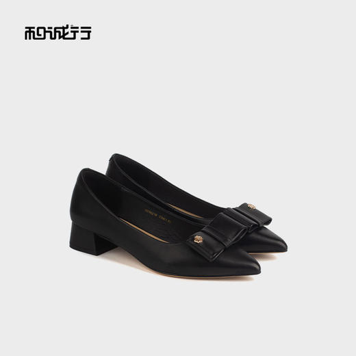 和诚行 2024秋冬新款时尚百搭粗跟单鞋女浅口尖头中跟单鞋0930218 商品图4
