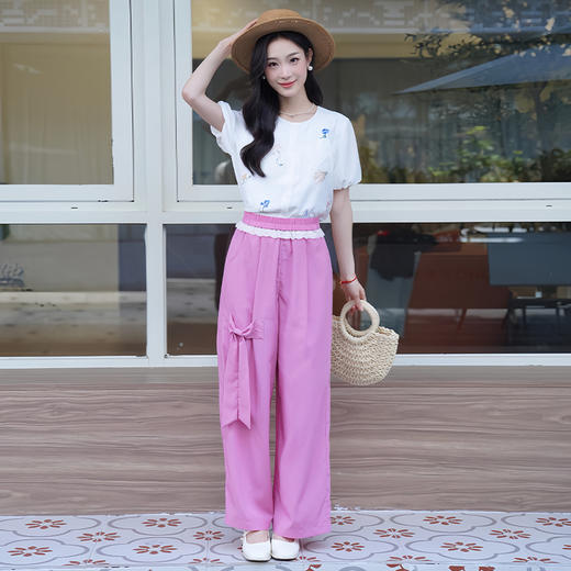 两三事风吟蝶舞2024夏季新款甜美立体蝴蝶结蕾丝拼接阔腿休闲裤女 商品图1