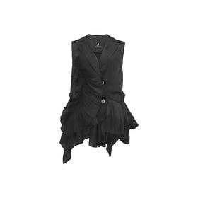 黑色水晶纱不规则荷叶边无袖外搭