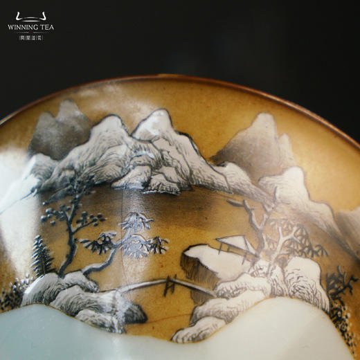 问鼎汝瓷鼎峰系列月白老款斗笠杯（绘画山水）（缺货） 商品图2