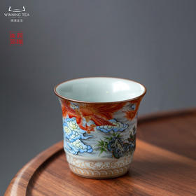 问鼎汝瓷鼎峰柴窑天青精工竹节杯（梵红描金祥云龙凤）（缺货）