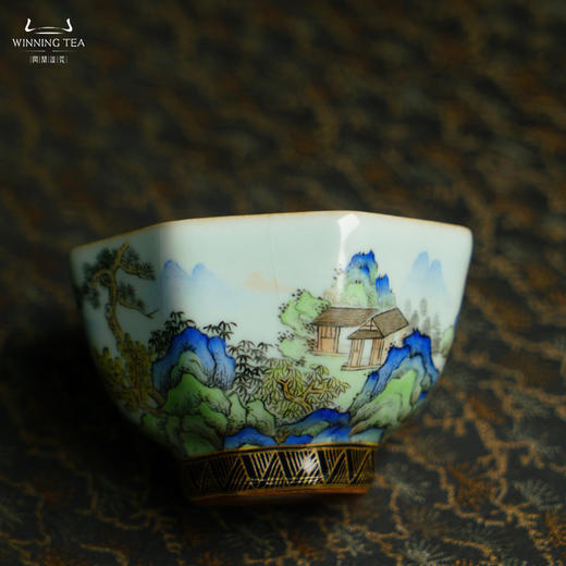 问鼎汝瓷天青老款直口八方杯（描金绘画青山绿水） 商品图1