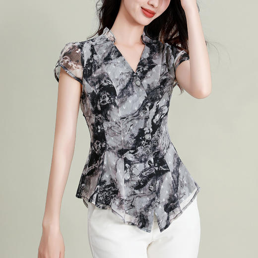 印花雪纺短袖衬衫，设计感洋气V领上衣KQL-B45N1931 商品图2
