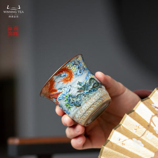 问鼎汝瓷鼎峰柴窑天青精工竹节杯（梵红描金祥云龙凤）（缺货） 商品图2