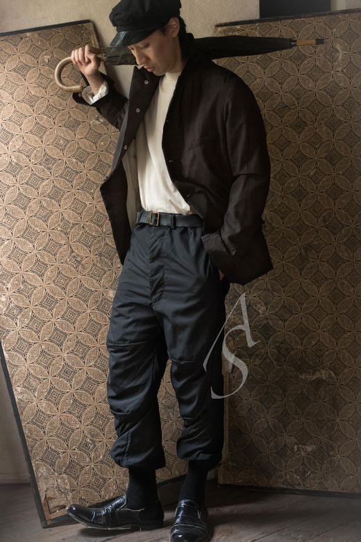 Paul Harnden  男士黑色暗纹羊毛LANCASHIRE腰带裤 商品图0