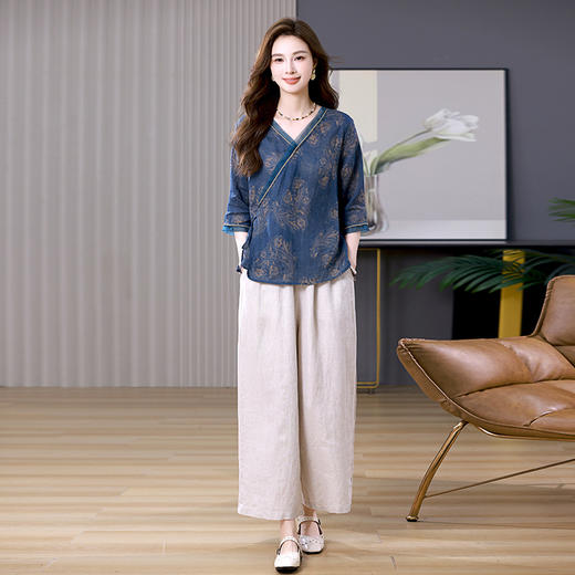 棉麻休闲复古，亚麻阔腿裤两件套HR-NJL2533 商品图0