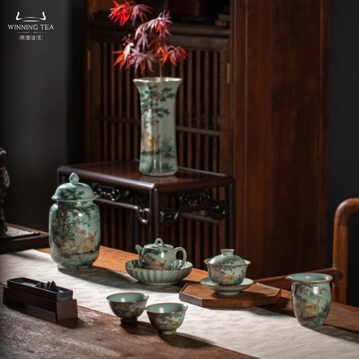 问鼎汝瓷鼎峰系列天青老款精工菊瓣干泡盘（花晨月夕）（缺货）天青老款精工德丰壶（花晨月夕） 商品图3