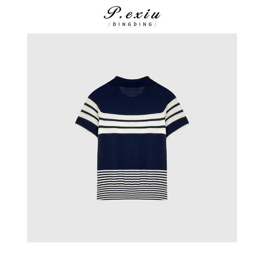 03-4潘依绣丁丁宠粉天丝简约通勤撞色条纹Polo领针织上衣 ZZ0567 商品图2