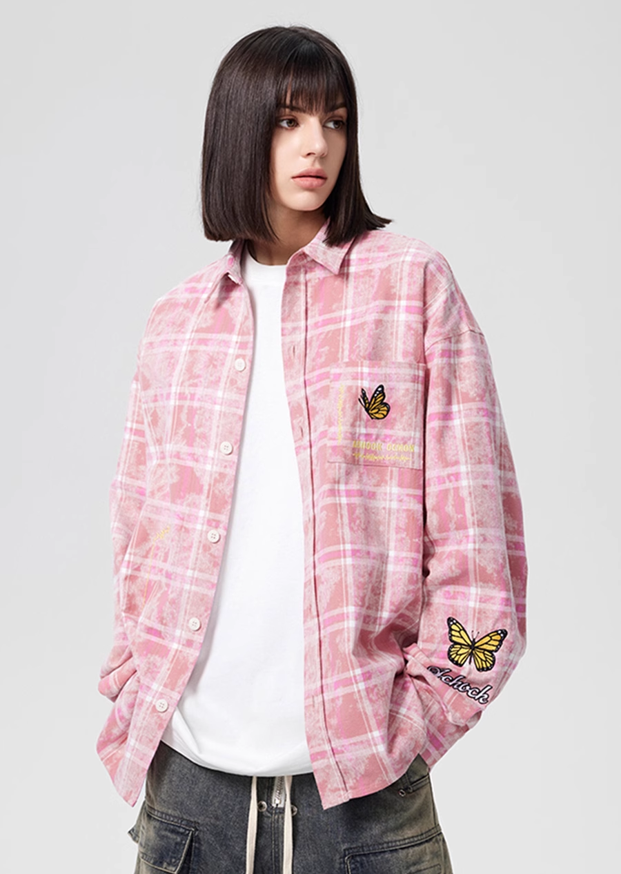 【Achock官方店】洗水做旧蝴蝶刺绣长袖衬衫美式街头春秋款外套男