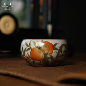 问鼎汝瓷月白老款禅定杯（梵红描金五桃）（缺货）