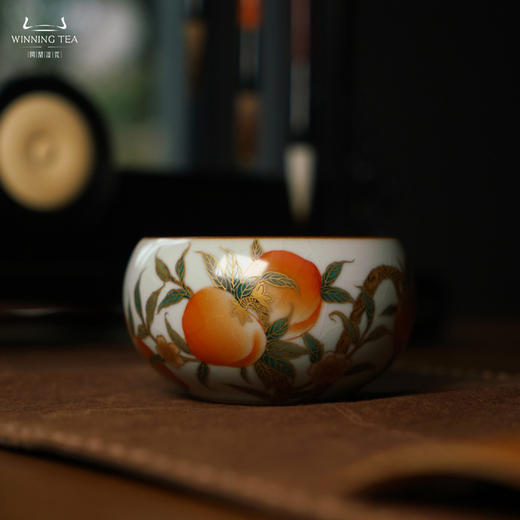 问鼎汝瓷月白老款禅定杯（梵红描金五桃）（缺货） 商品图0