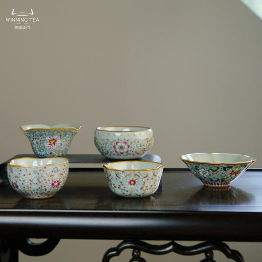 问鼎汝瓷鼎峰系列天青老款茗香杯 幽兰杯 大战鼓杯 金瓜杯 小五行杯（珐琅彩） 商品图0