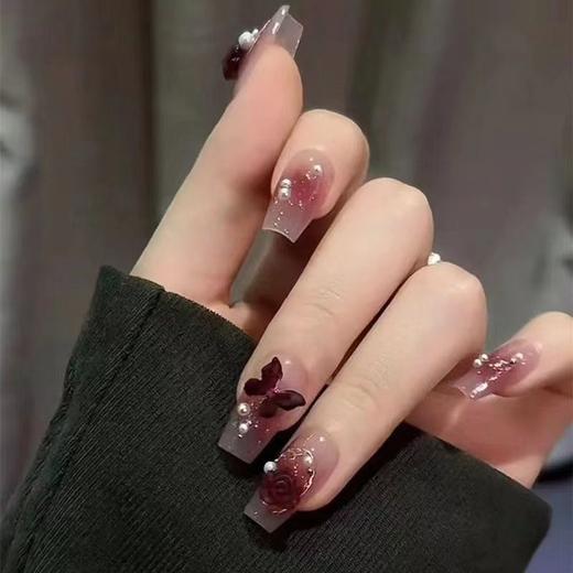 红色山茶花美甲藤野珊瑚蝴蝶指甲美甲穿戴甲百搭假指甲贴片 商品图2