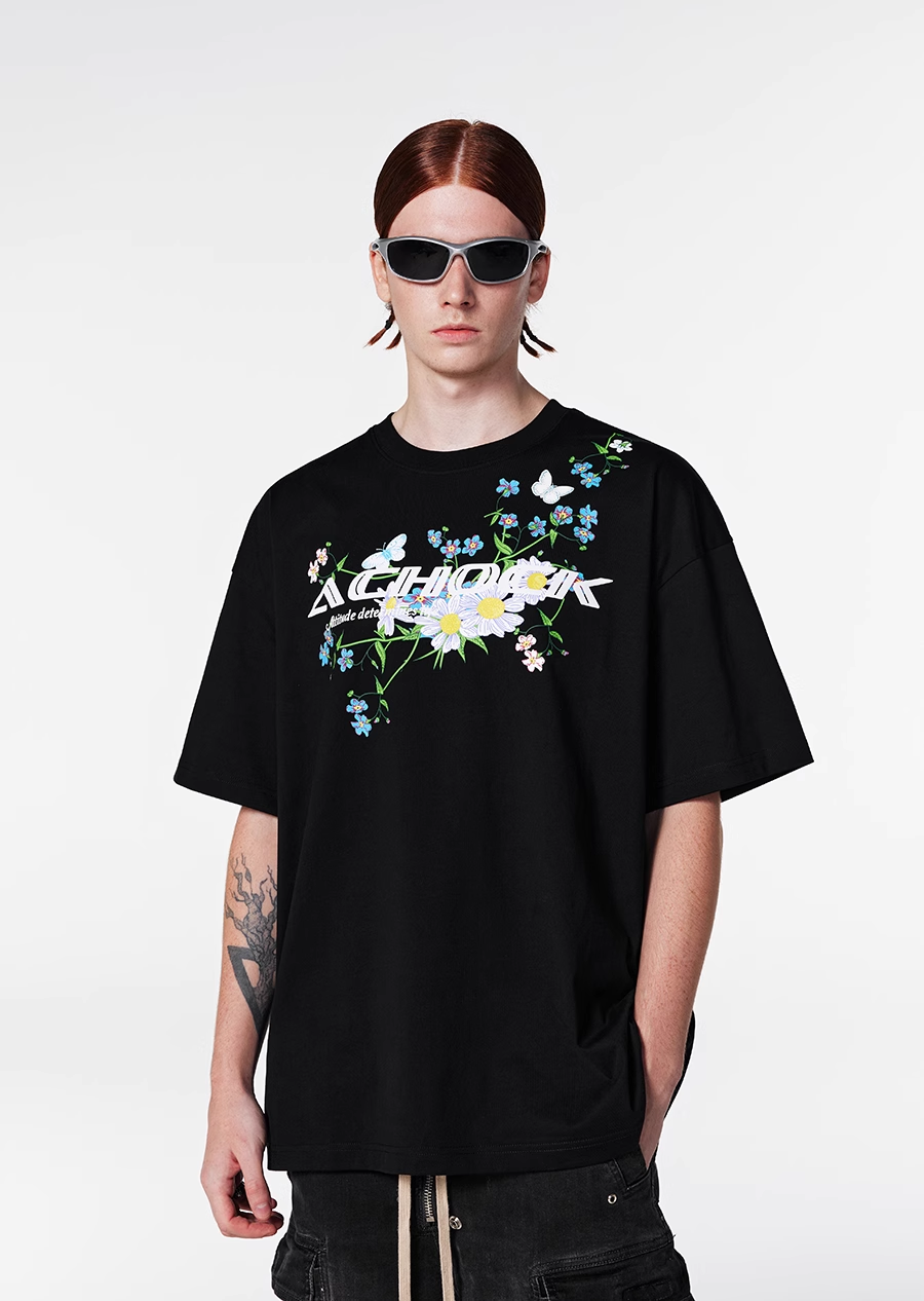 【Achock官方店】 潮牌花卉蝴蝶发泡印花短袖国潮街头重磅圆领T恤