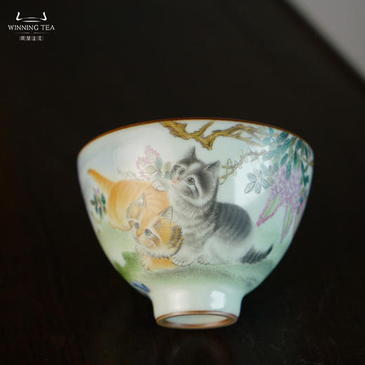 问鼎汝瓷鼎峰系列天青精工款大鸿声杯（绘画猫趣图） 商品图1