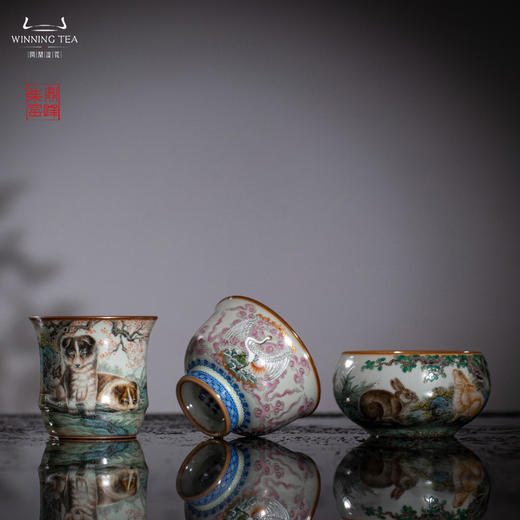 问鼎汝瓷鼎峰柴窑天青天河杯（绘画闲云野鹤）天青竹节杯（绘画瑞狗迎春）天青禅定杯（绘画玉兔呈祥）（缺货） 商品图0